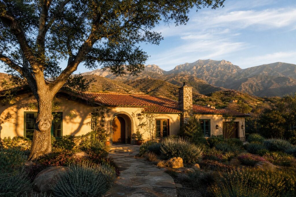 Mediterranean-style home in Santa Clarita Valley foothills with native vegetation, stone chimney, and canyon views during golden hour.