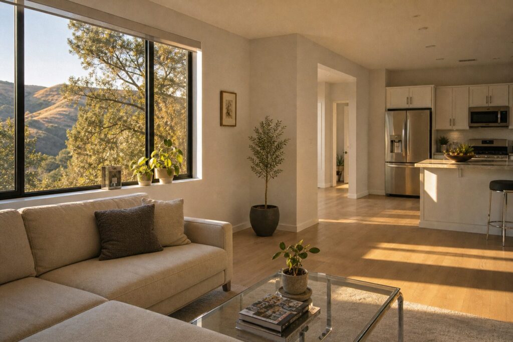 Contemporary condo living room in Valencia with afternoon sunlight, hardwood floors, and Santa Clarita valley views through windows.