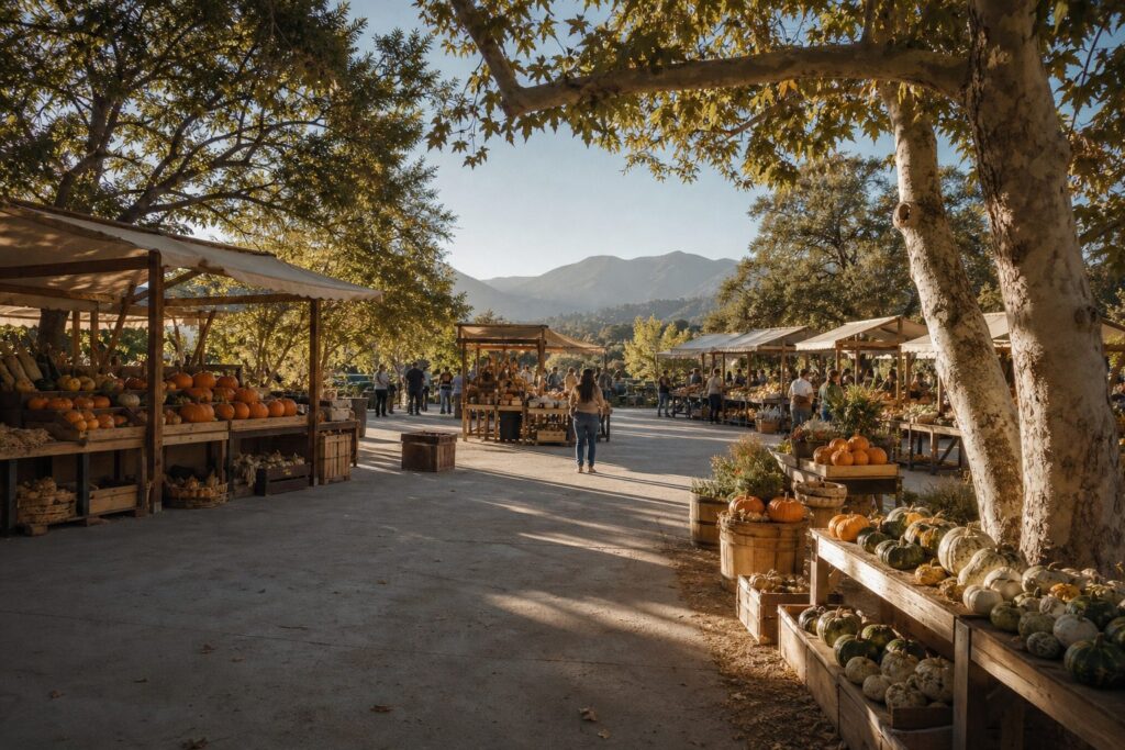 Community farmers market with oak trees and autumn produce in Santa Clarita Valley with San Gabriel Mountains visible.