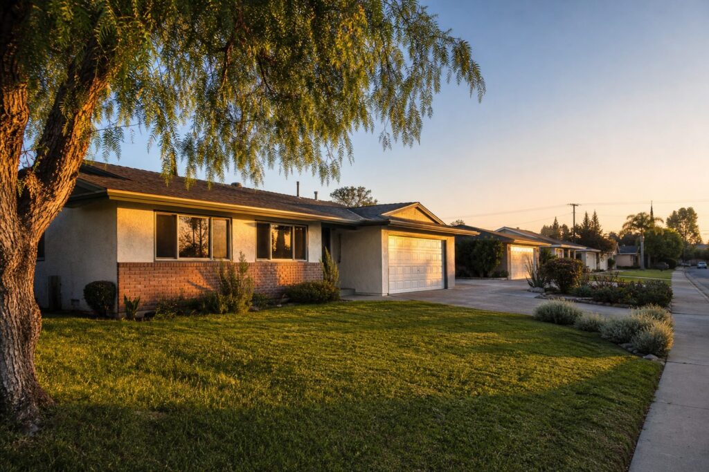 Single-story 1960s ranch home with brick exterior, mature pepper tree, and manicured lawn in Granada Hills neighborhood.