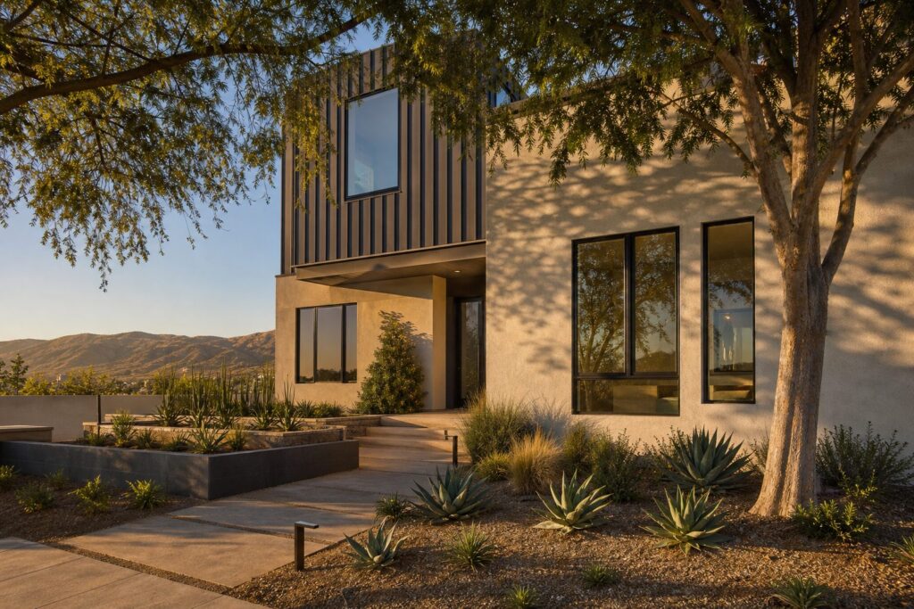 Contemporary model home in Valencia's FivePoint community with modern architecture, drought landscaping, and California afternoon light.
