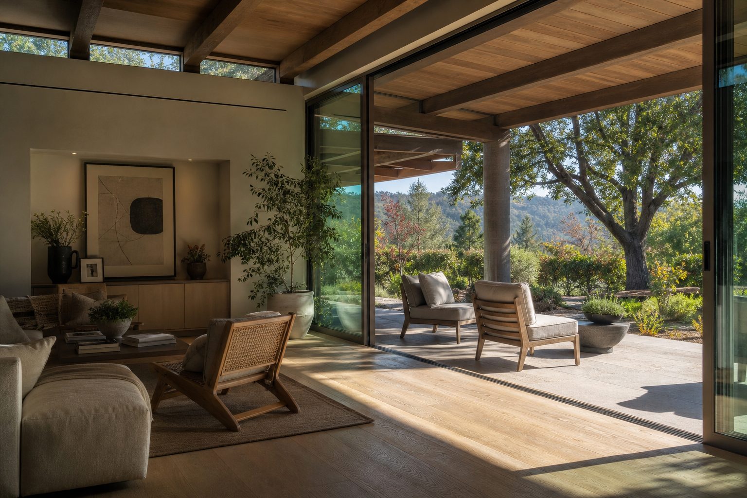 Open-concept living room with glass doors overlooking shaded patio and oak-canopied yard in Sherman Oaks, San Fernando Valley