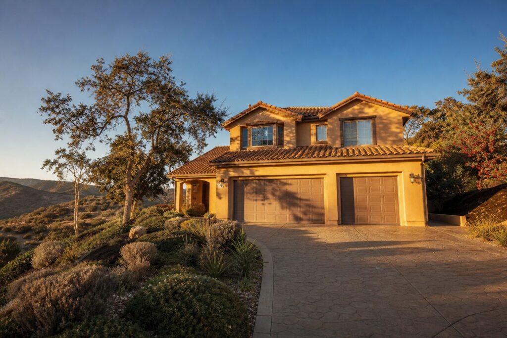 Mediterranean-style two-story home in Saugus with mature landscaping and driveway at golden hour, hills visible in distance.