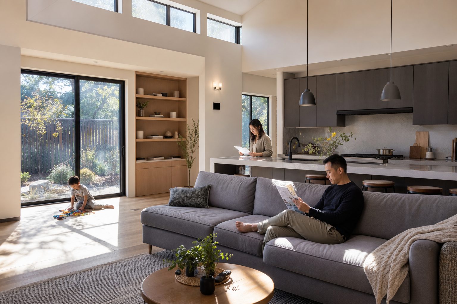 Young family in modern Mountain View Park home's open-concept living room with vaulted ceilings and natural light, casually reviewing documents.