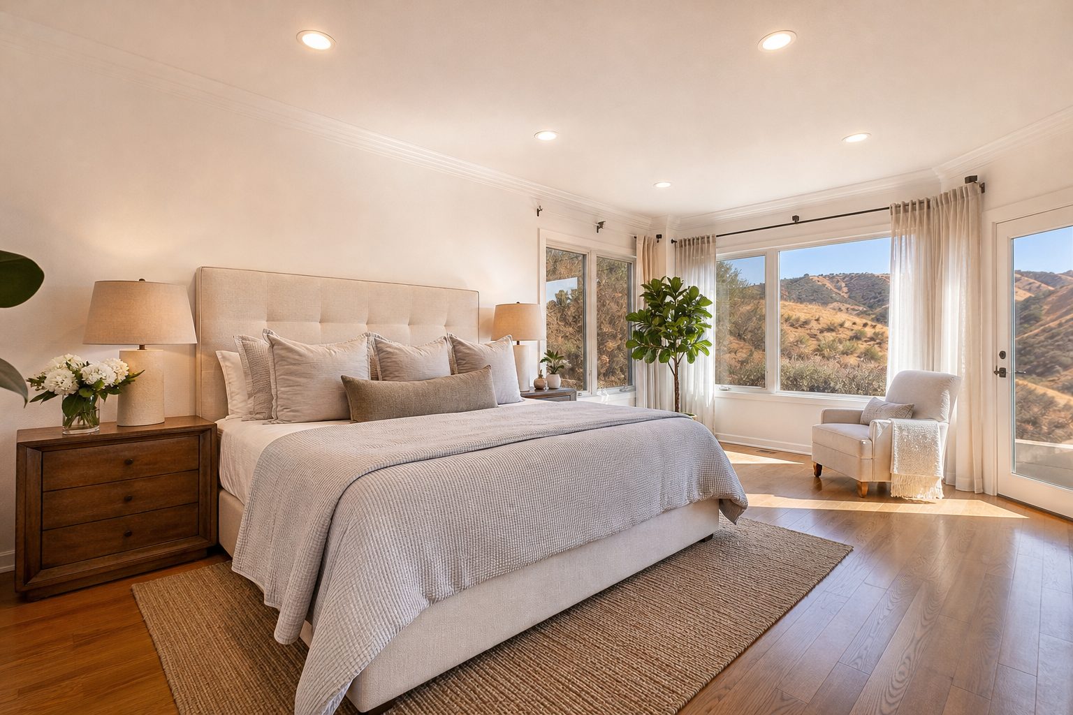 Bright primary bedroom in a Saugus home with all lights on, clean surfaces, and open windows showing dry Santa Clarita hillsides.