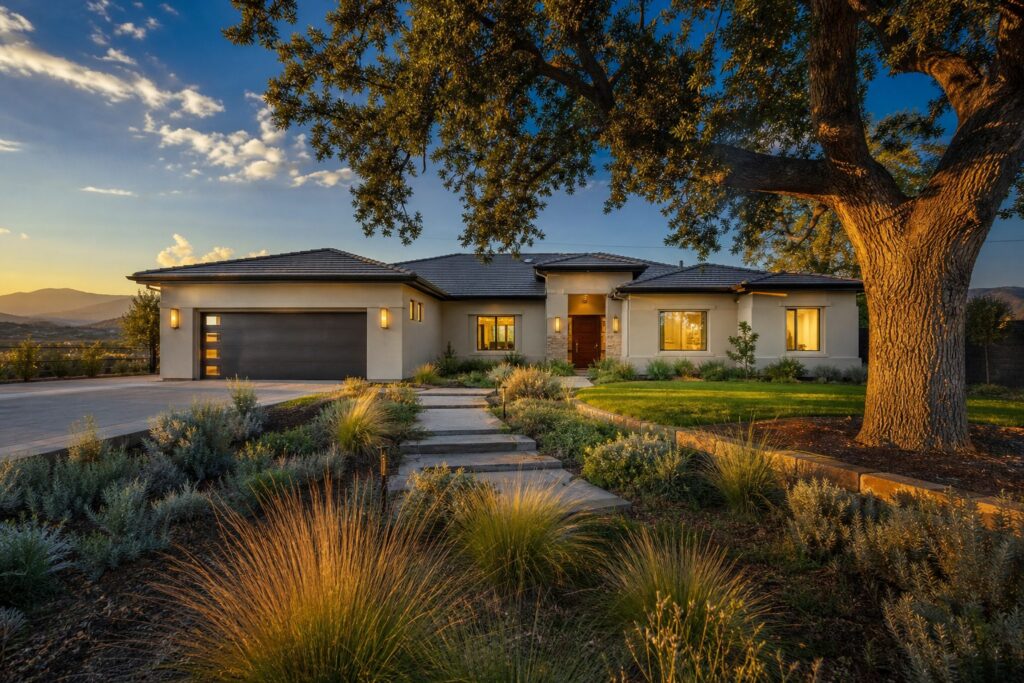 Contemporary stucco home with oak tree and mountain views in Valencia, Santa Clarita during golden hour.