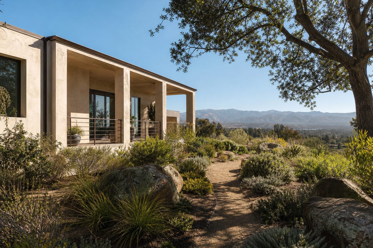 Contemporary Granada Hills home with cream stucco, metal railings, and native landscaping in San Fernando Valley foothills.