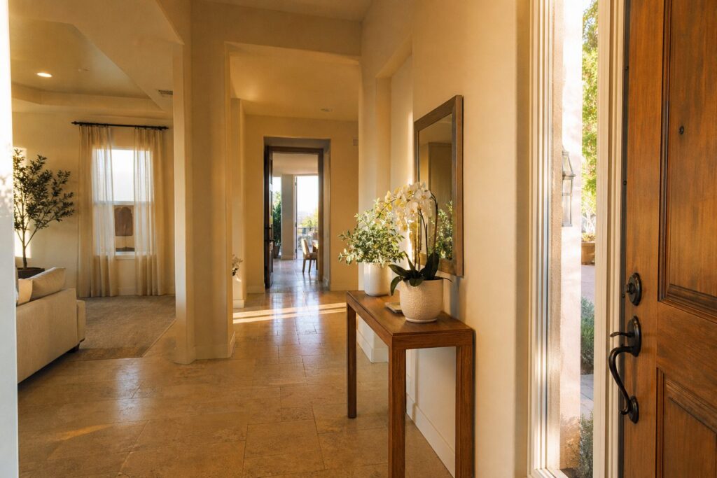 Bright, airy entryway of a Valencia home with golden afternoon light and fresh flowers welcoming buyers through the front door.