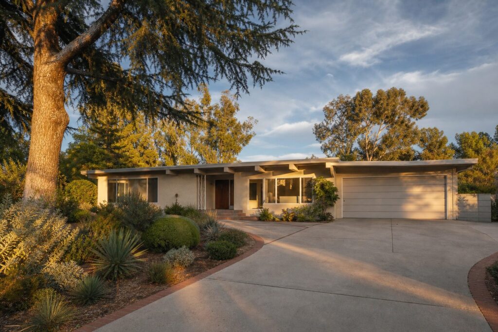 Mid-century ranch home with picture windows framed by mature cedar and eucalyptus trees in Granada Hills.