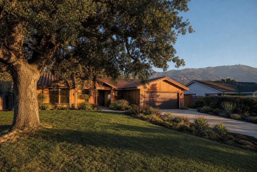 1980s single-family home with mature oak trees and spacious yard in established Saugus neighborhood, Santa Clarita.