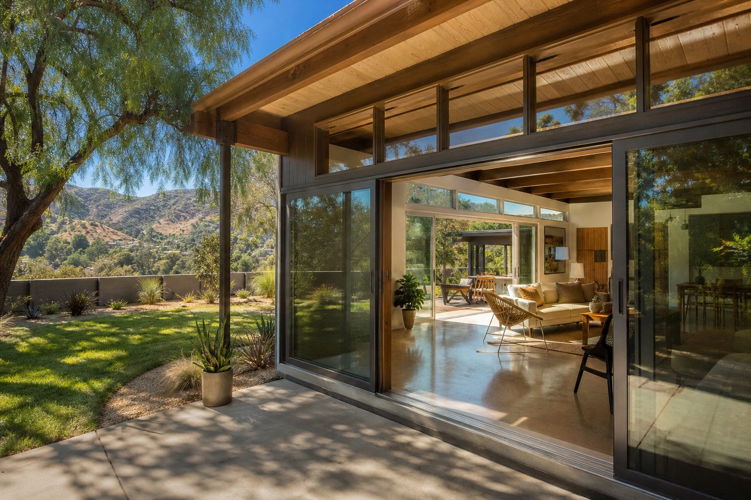 Mid-century modern San Fernando Valley ranch home with open interior, glass doors, mature pepper tree, and fire-resistant landscaping.