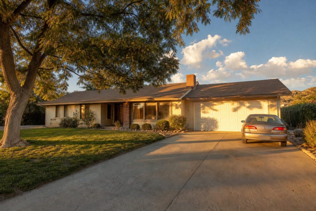 1970s ranch home in Saugus with pepper tree, driveway, and stucco exterior under golden afternoon light.
