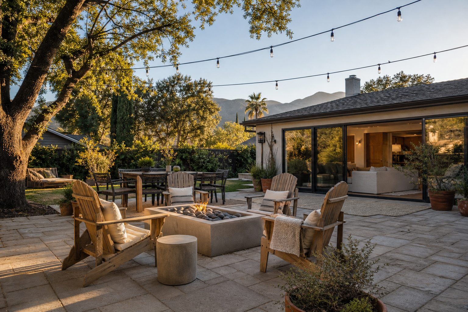 Spacious backyard patio with fire pit, string lighting, and mature trees in a Woodland Hills or Sherman Oaks home.