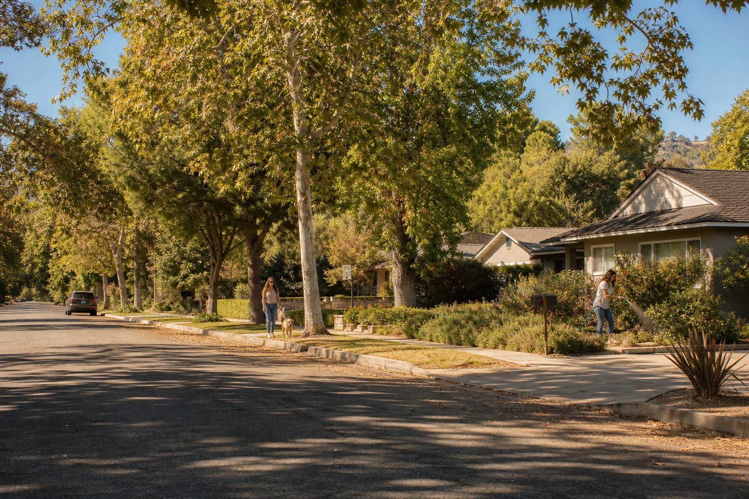 Tree-lined San Fernando Valley residential street with two homes, residents walking and gardening, October midday light filtering through mature