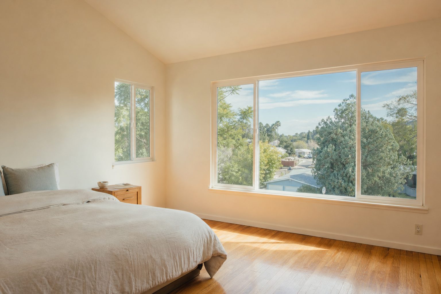Bright mid-century bedroom with large windows overlooking mature landscaping in Sherman Oaks, flooded with soft natural daylight.