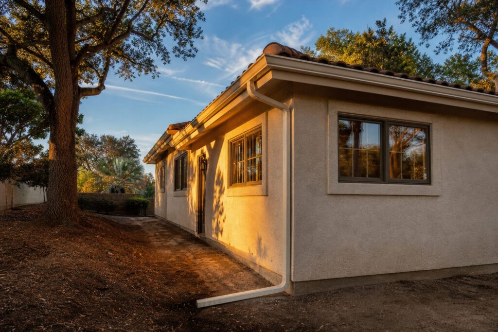 Golden-hour view of a Granada Hills Mediterranean home with cleaned gutters, trimmed trees, and proper foundation drainage before rainy season.