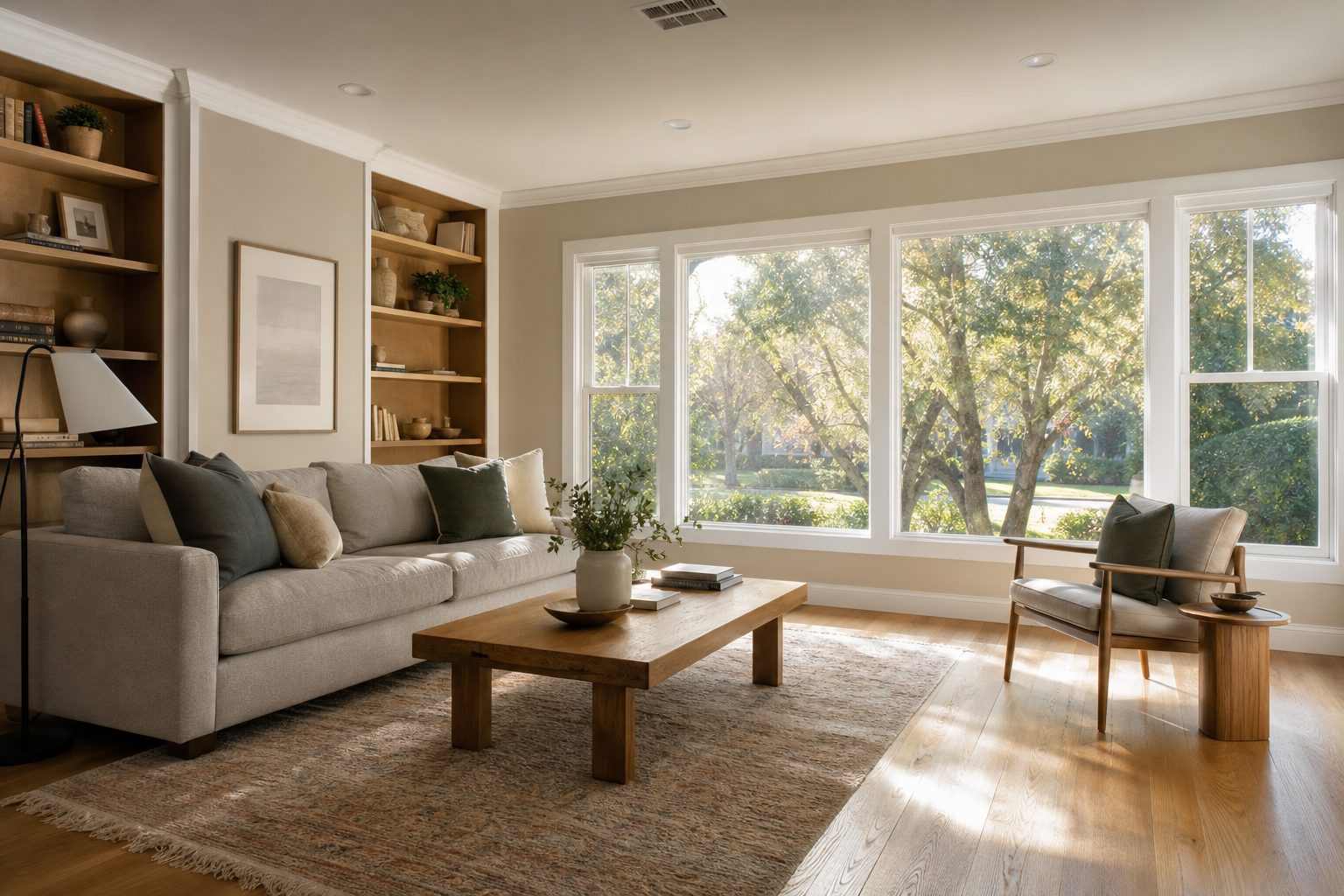 Staged living room in Granada Hills home with fresh neutral décor, hardwood flooring, natural light, and professional furniture arrangement for sale