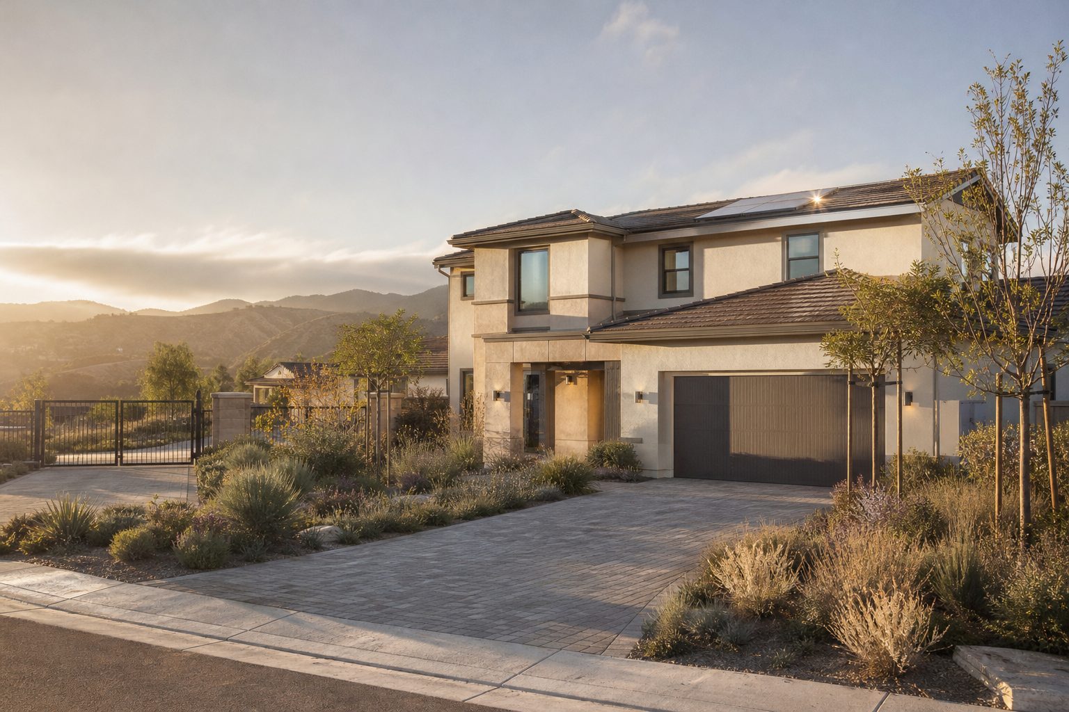 Contemporary home with manicured native landscaping in newer Valencia master-planned community at sunset.