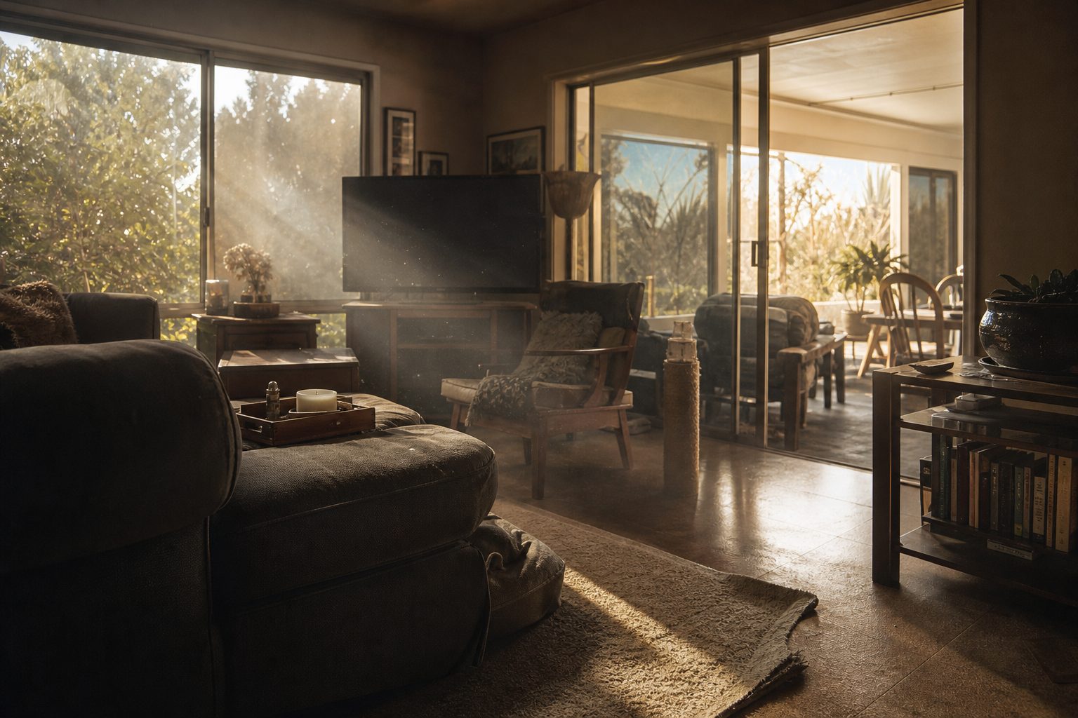 Valencia home interior showing unpermitted patio enclosure conversion with mixed lighting, dust, and visible wear suggesting functional downgrades.