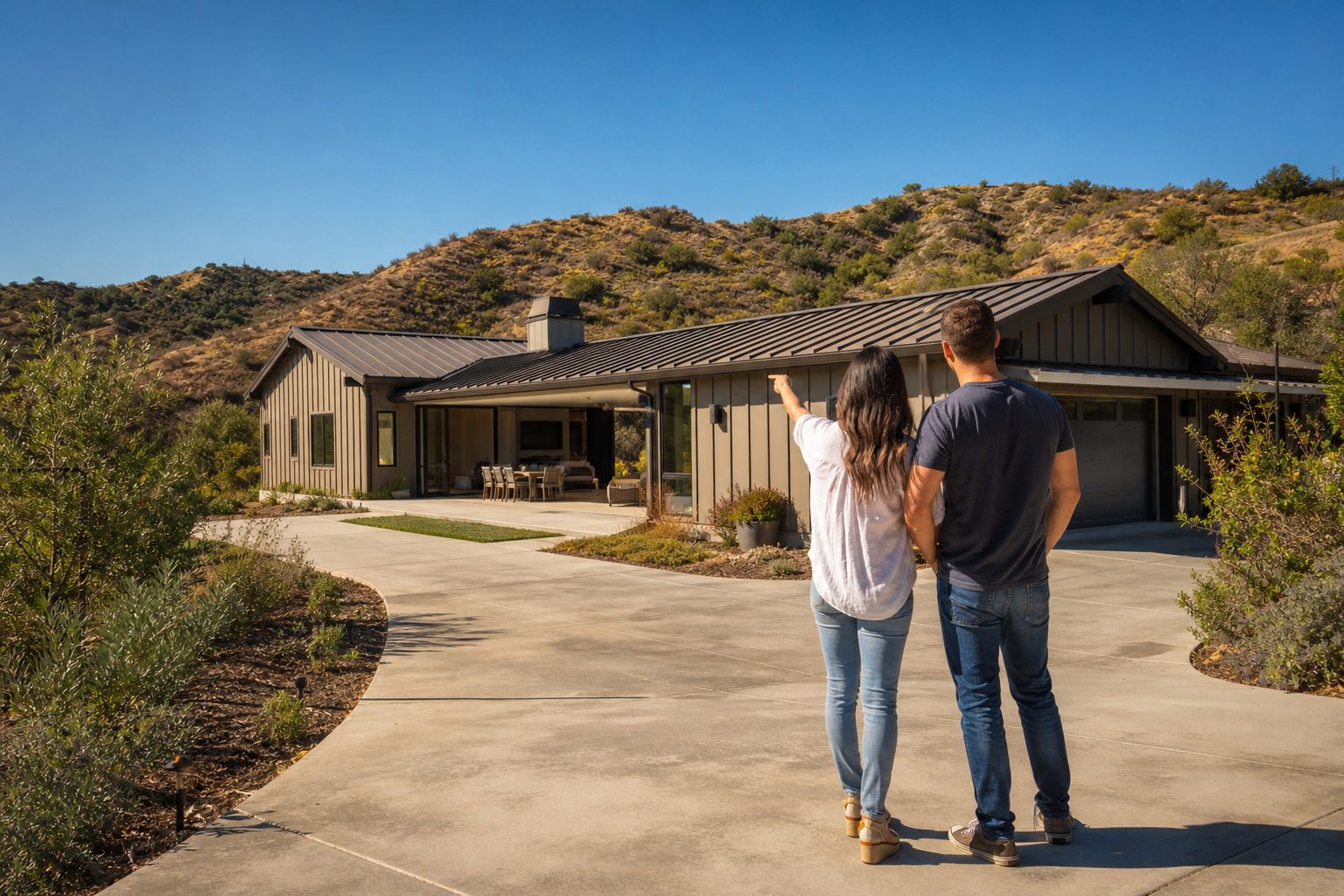 Couple viewing a three-bedroom ranch-style home with spacious lot and hillside views in Canyon Country, Santa Clarita.