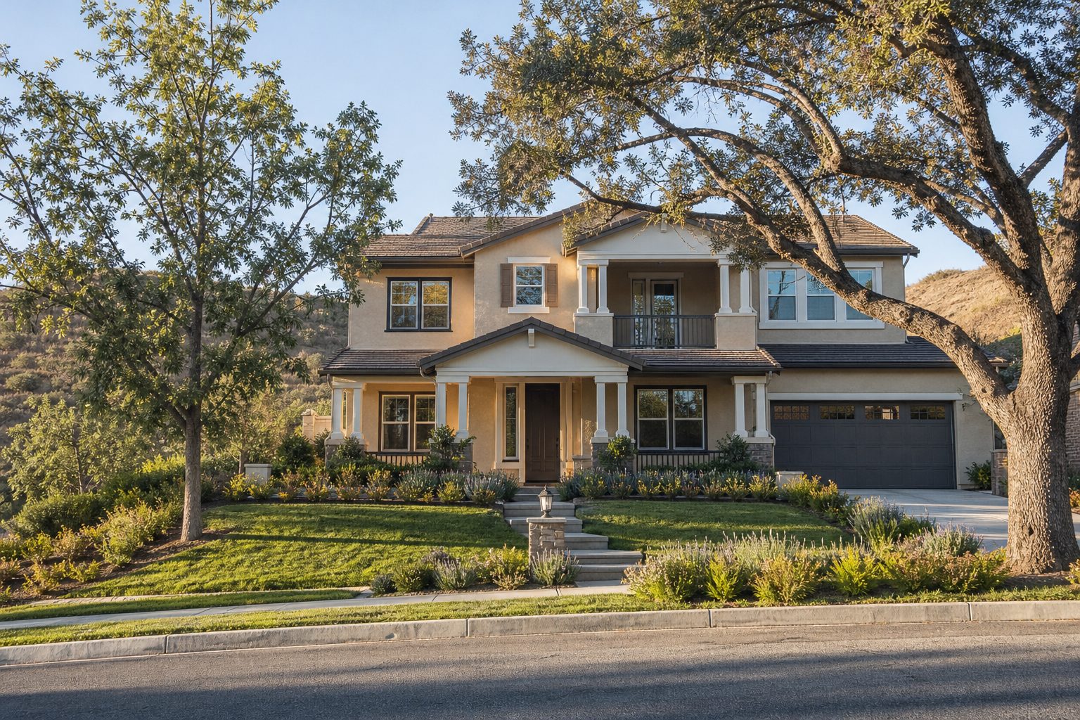 Two-story suburban home in Canyon Country, Santa Clarita, with mature oak trees and drought-adapted landscaping on residential street.
