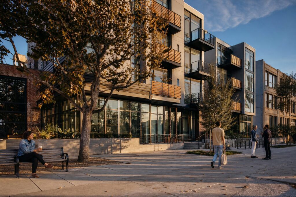 Contemporary multifamily building in downtown Los Angeles with residents in public plaza, autumn afternoon light casting long shadows.