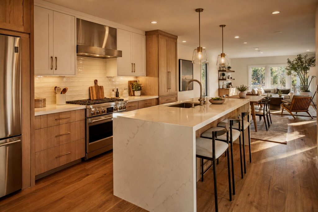 Warm updated kitchen with wood and white cabinetry, quartz island, and stainless appliances in Sherman Oaks home.