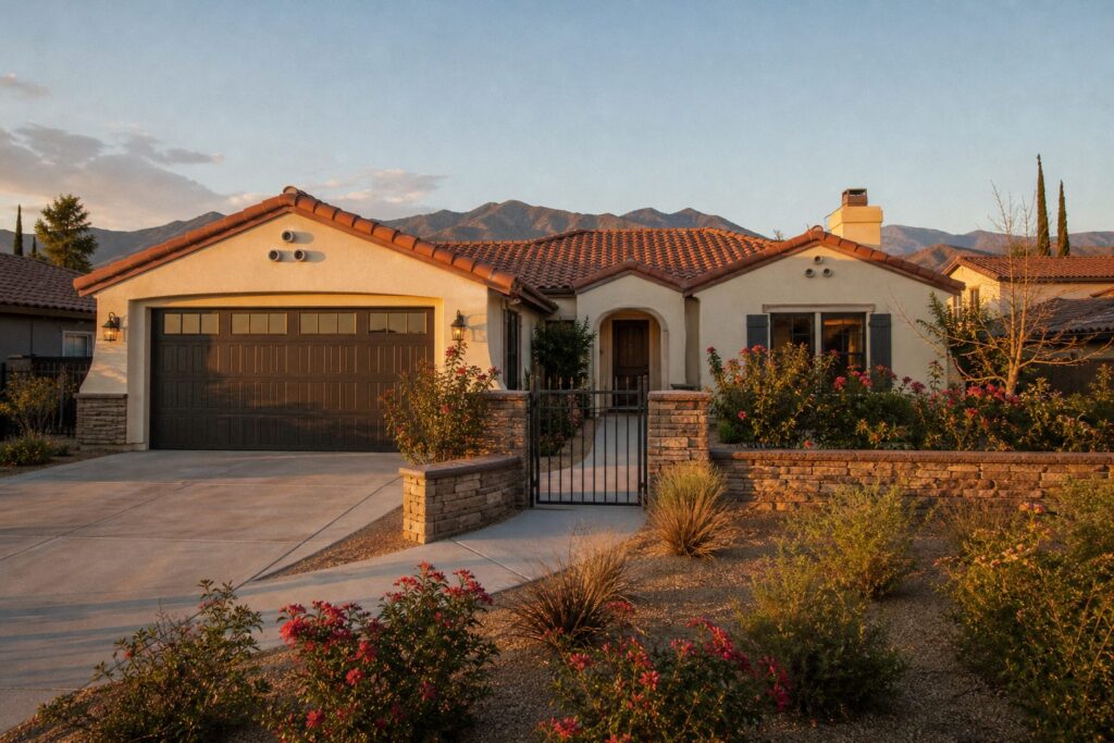 Single-story Spanish Colonial Revival home in Santa Clarita with freshly painted garage door, stone entry, and native desert landscaping.