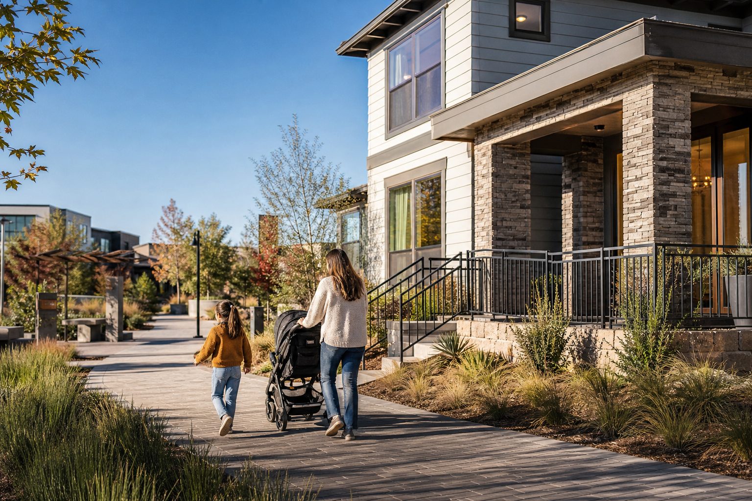 Modern family home in Valencia's master-planned community with residents enjoying the walkable paseo pathway and manicured common areas.