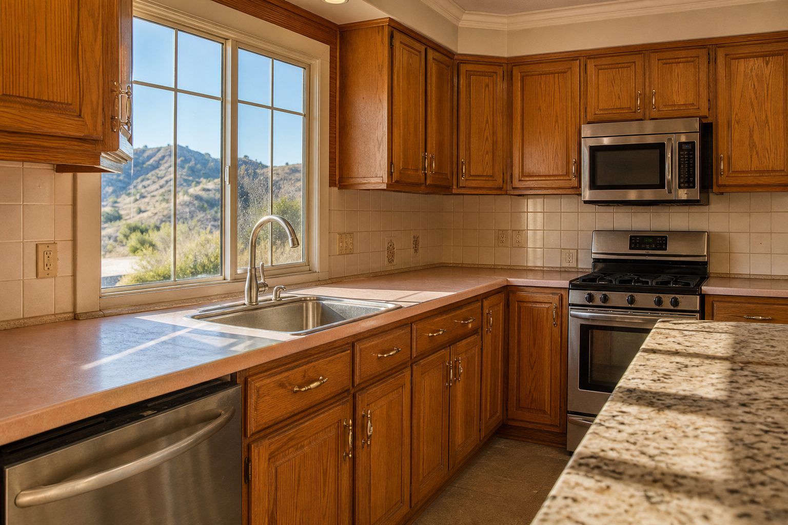 Outdated 1990s kitchen with honey-oak cabinets and laminate counters in a Saugus home, showing cosmetic wear but solid structural condition and