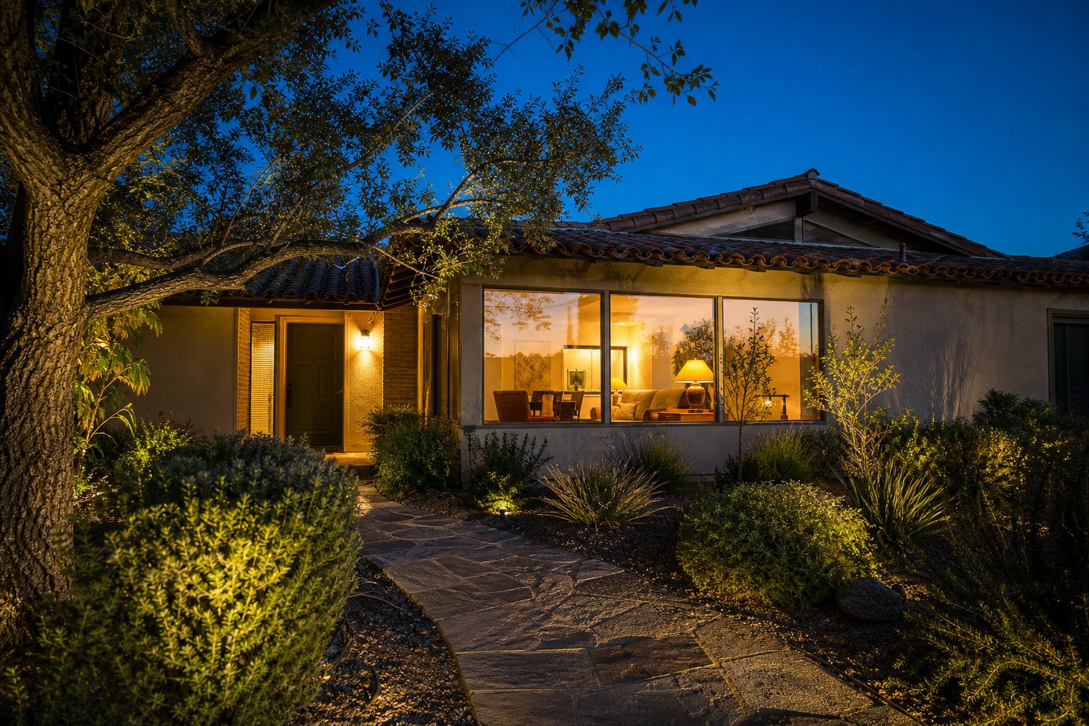 Central Saugus home interior glowing warmly through windows at twilight with tiled roof and landscape lighting.
