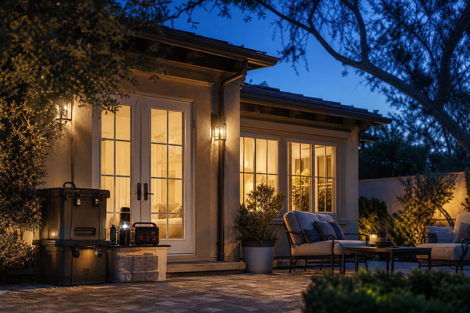 Twilight view of a San Fernando Valley home entrance with emergency preparation and weatherproofed doors ready for rainy season.