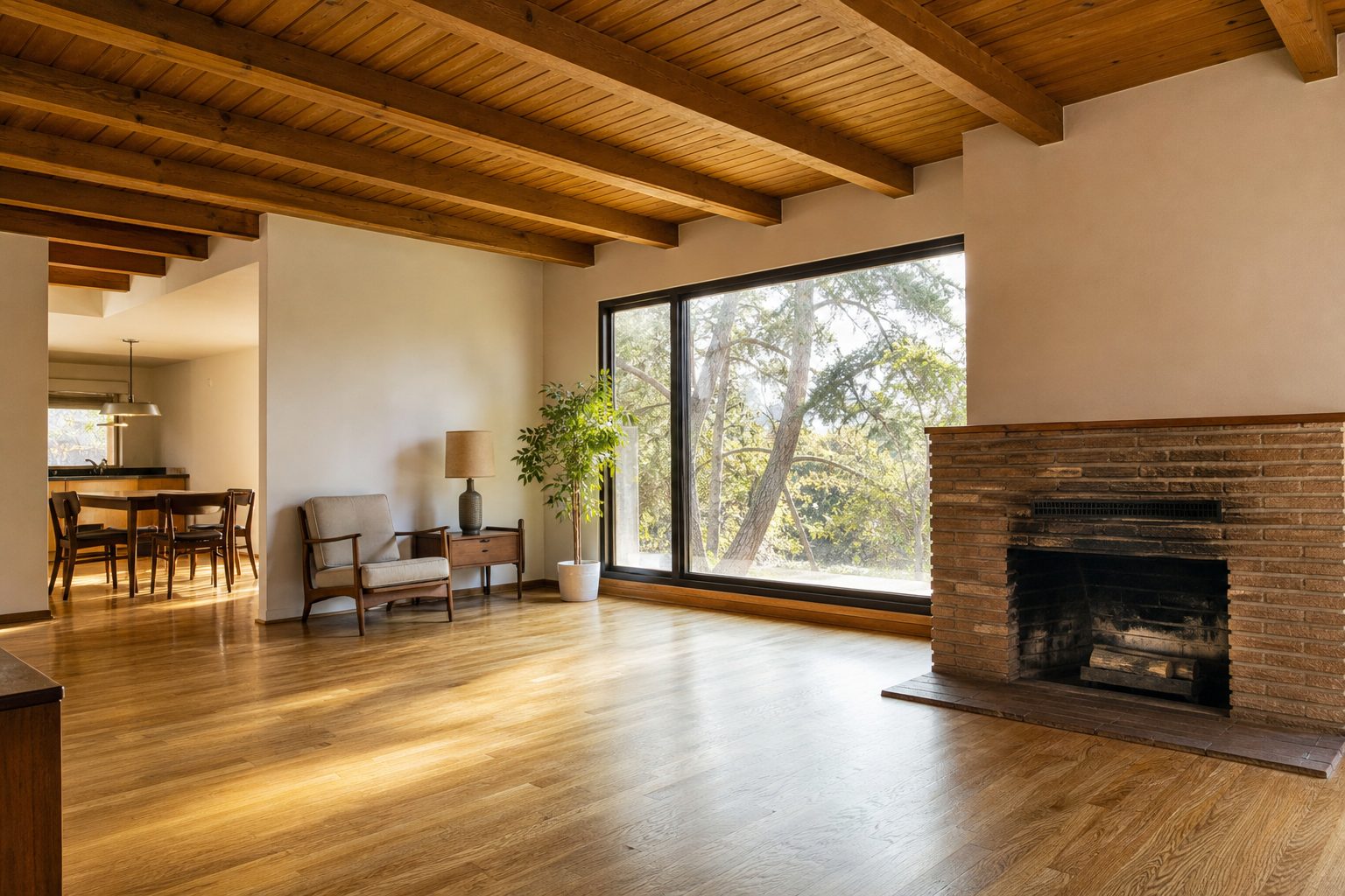 Mid-century modern ranch interior with exposed beams, fireplace, and picture window views in Granada Hills.