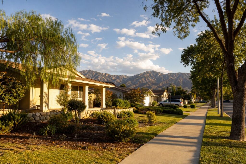 Ranch-style home on wide lot with mature trees and mountains visible in suburban Santa Clarita neighborhood.