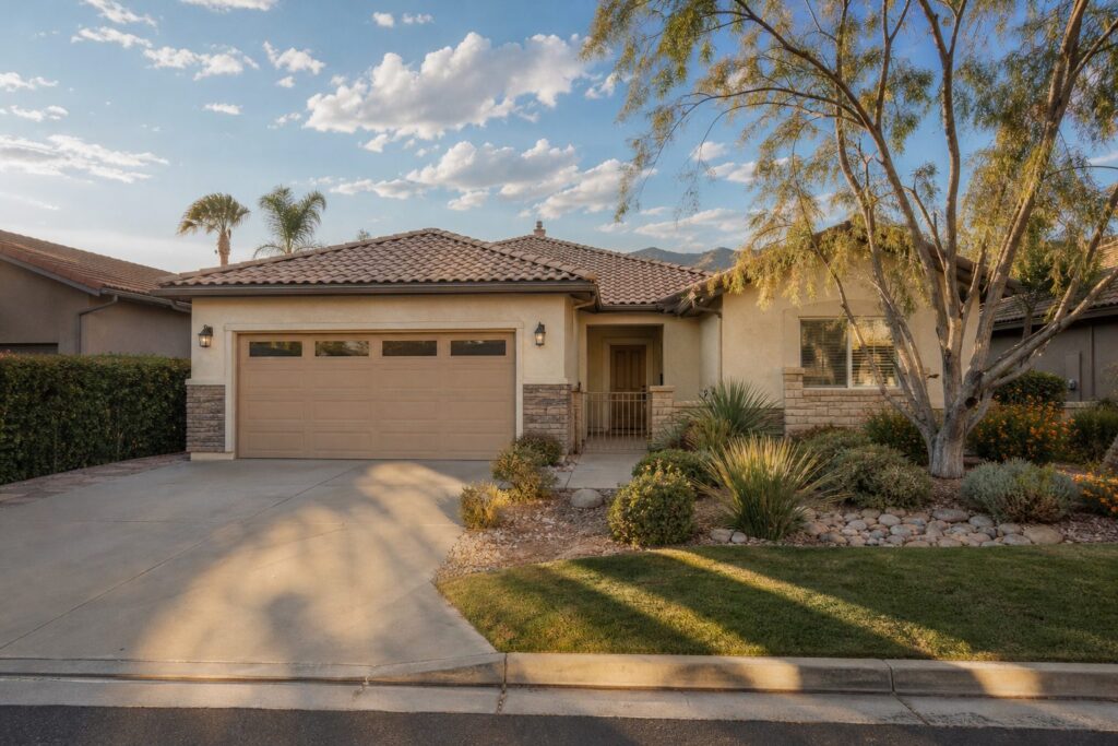 Beige stucco single-family home with desert landscaping and wide driveway in Valencia, Santa Clarita, golden hour lighting.