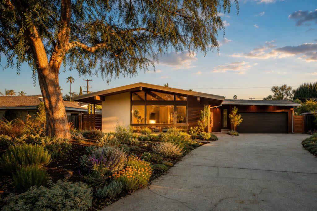 Mid-century modern single-family home with mature pepper tree and drought-tolerant landscape in Granada Hills, San Fernando Valley