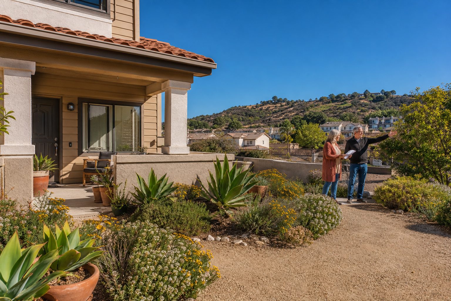 Entry-level Mediterranean condo with xeriscaping in Canyon Country, Santa Clarita, with residents viewing property details.