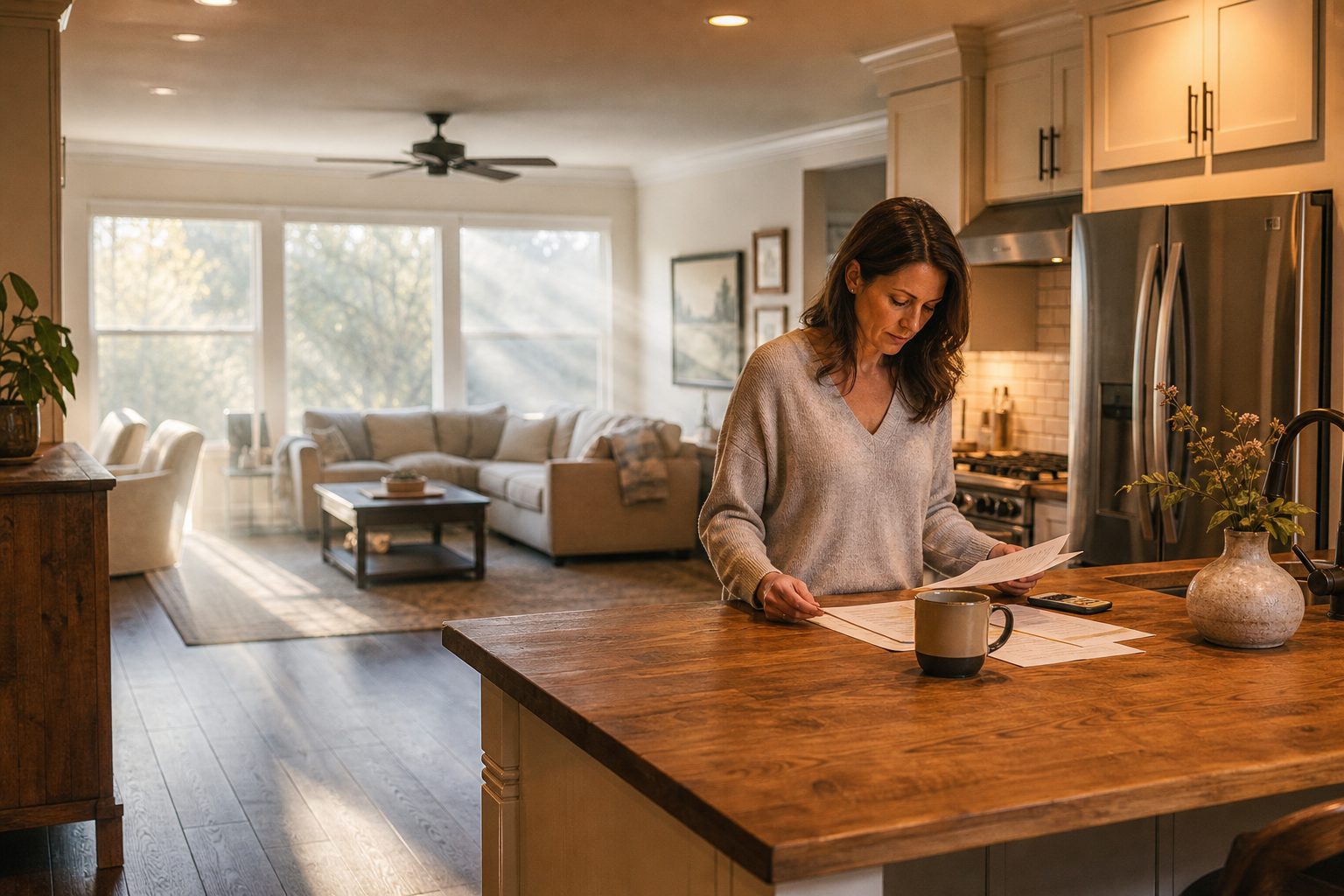 Woman reviewing documents in a well-lit kitchen of a family home in Santa Clarita Valley with natural afternoon sunlight.