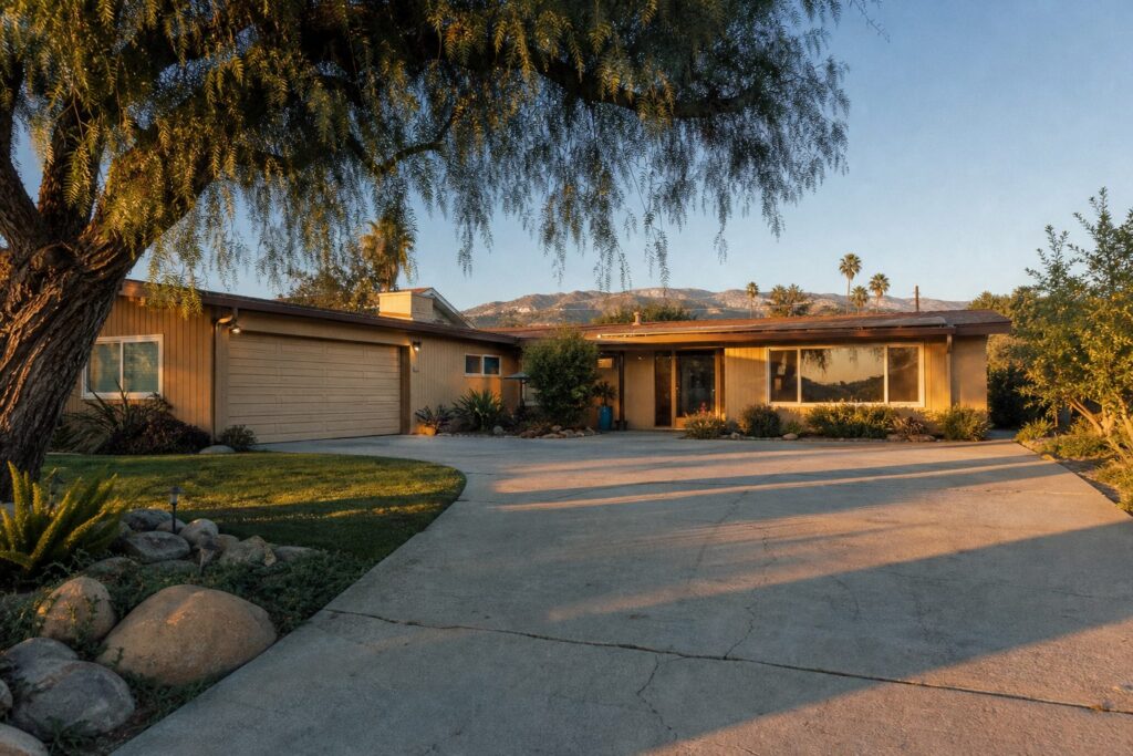 Mid-century Northridge home with beige siding, mature pepper tree, and wide driveway in San Fernando Valley.
