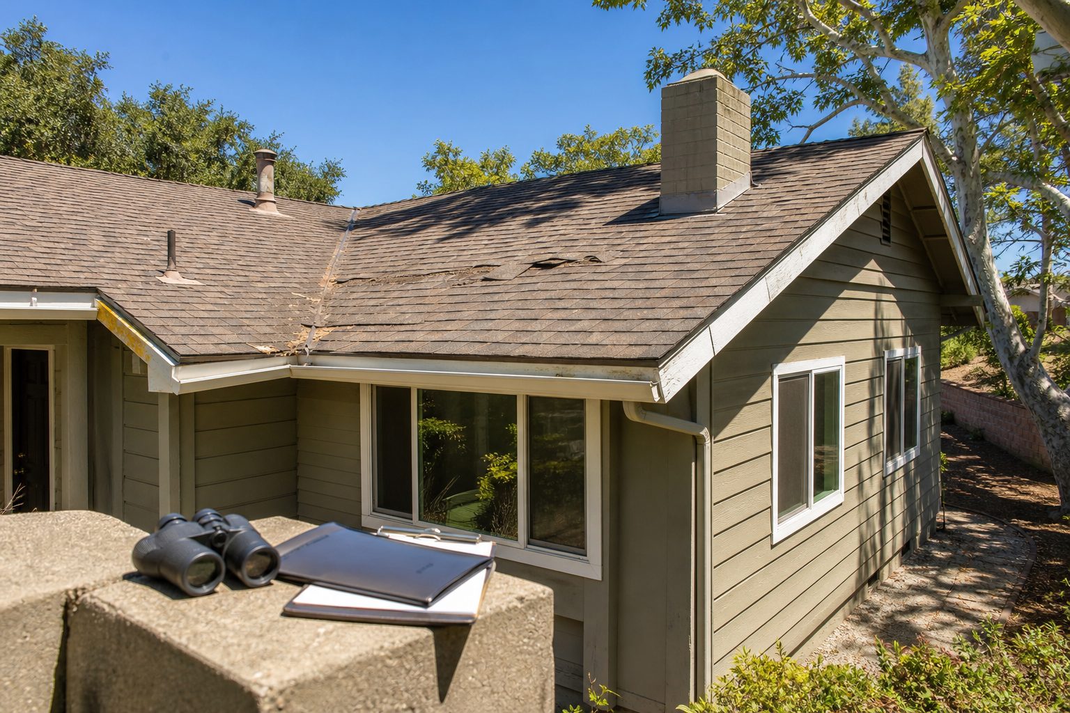 Daytime roof inspection view of a Santa Clarita ranch home showing gutters, flashing, and tree clearance before the rainy season.