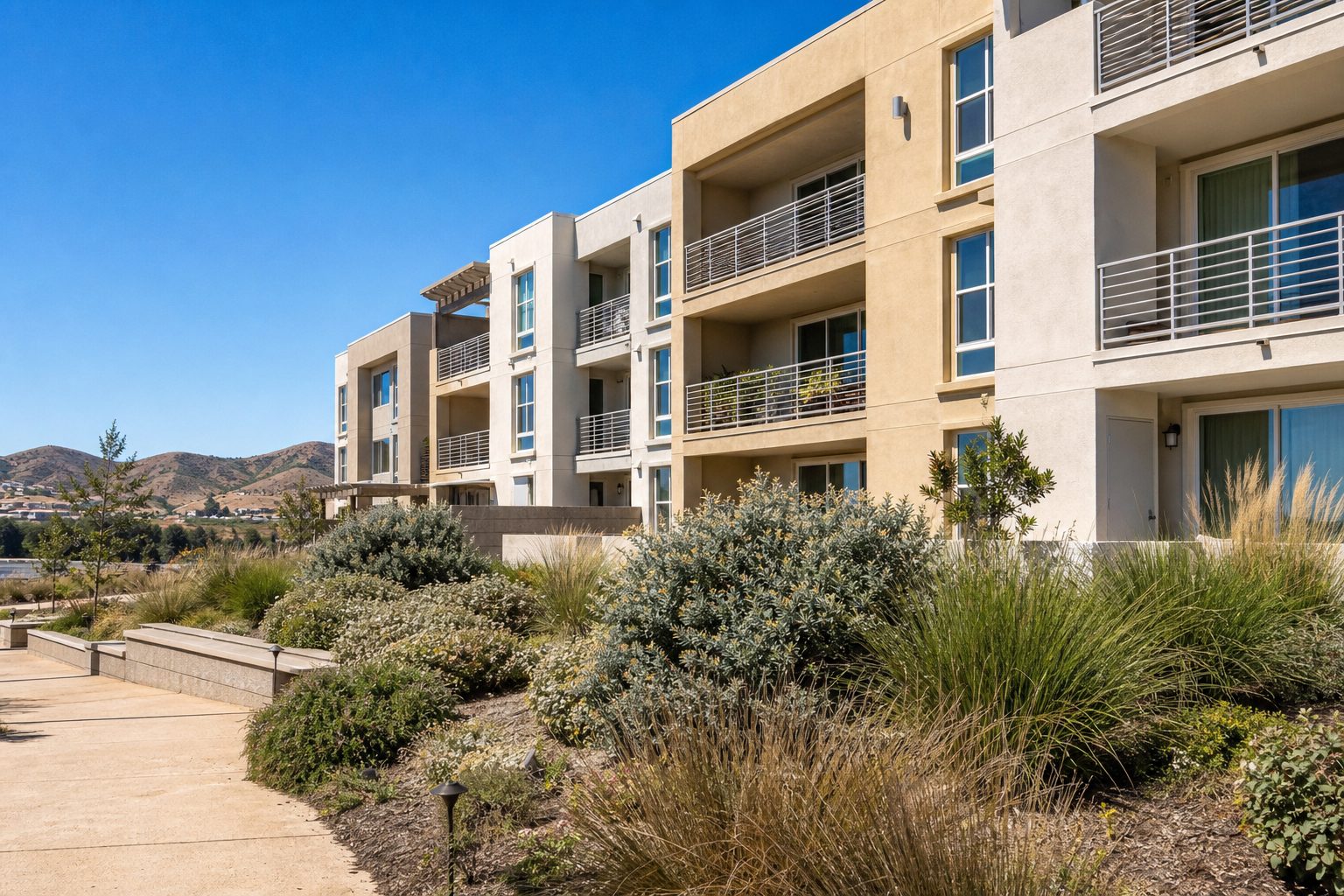Contemporary condominium building with stucco facade, metal balconies, and native drought-resistant landscaping in Valencia.