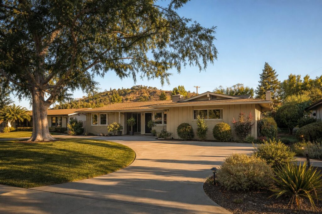 Cream-colored 1960s ranch home with circular driveway and mature pepper tree in Old Granada Hills, San Fernando Valley.