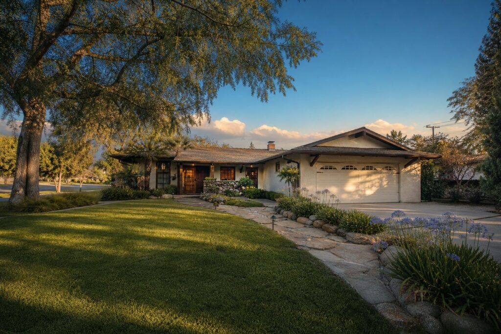 Classic 1970s ranch home with stucco exterior and mature trees in Granada Hills, bathed in golden late-afternoon light.