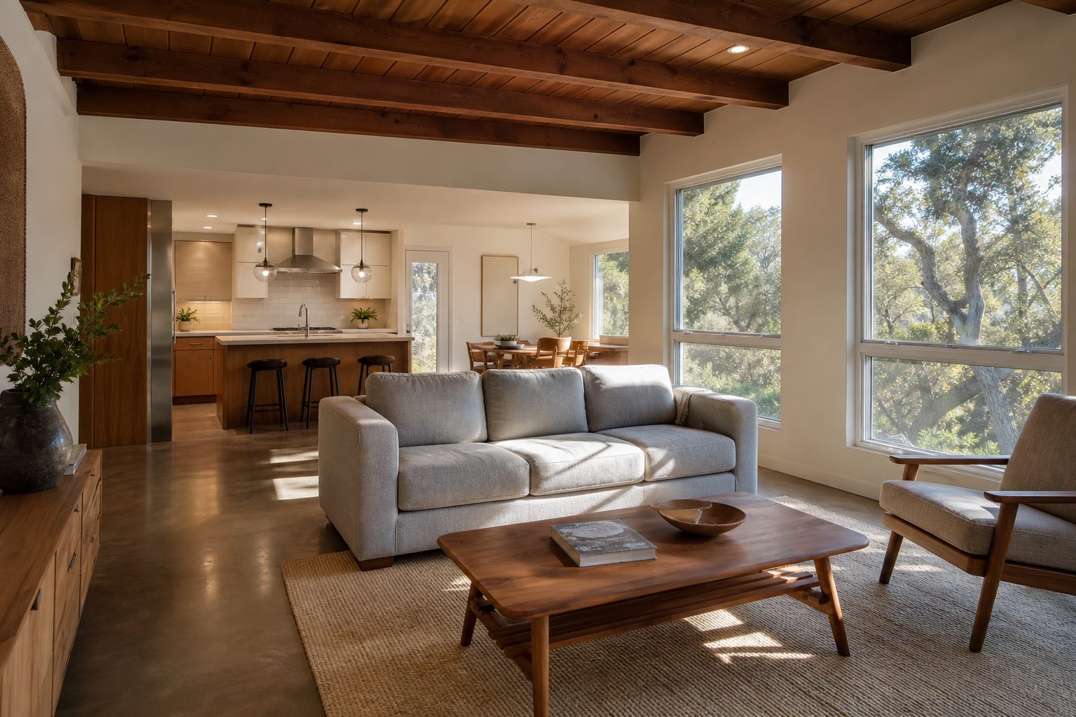 Open-concept living and dining area of a 1970s ranch home with updated kitchen, natural light, and original wood beams in Granada Hills.