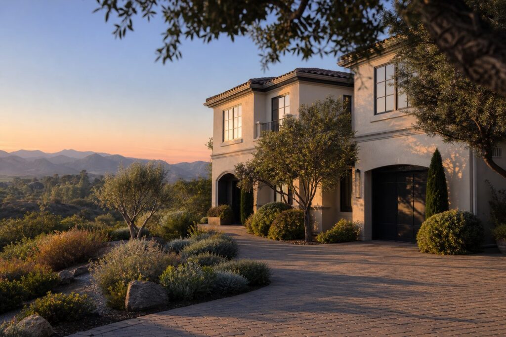 Contemporary stucco home with tile roof and mature oak trees in Valencia under golden afternoon light.
