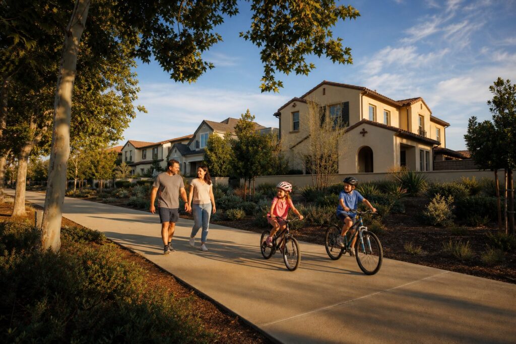 Family walking and biking on a tree-lined pathway in a Valencia master-planned community with Tuscan-style homes at golden hour.